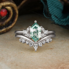 Luxury Vintage Classic 6-Prong Hexagonal-Cut Moss Agate Engagement Ring Set