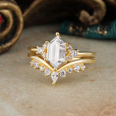 Luxury Vintage Classic 6-Prong Hexagonal-Cut Moissanite Engagement Ring Set