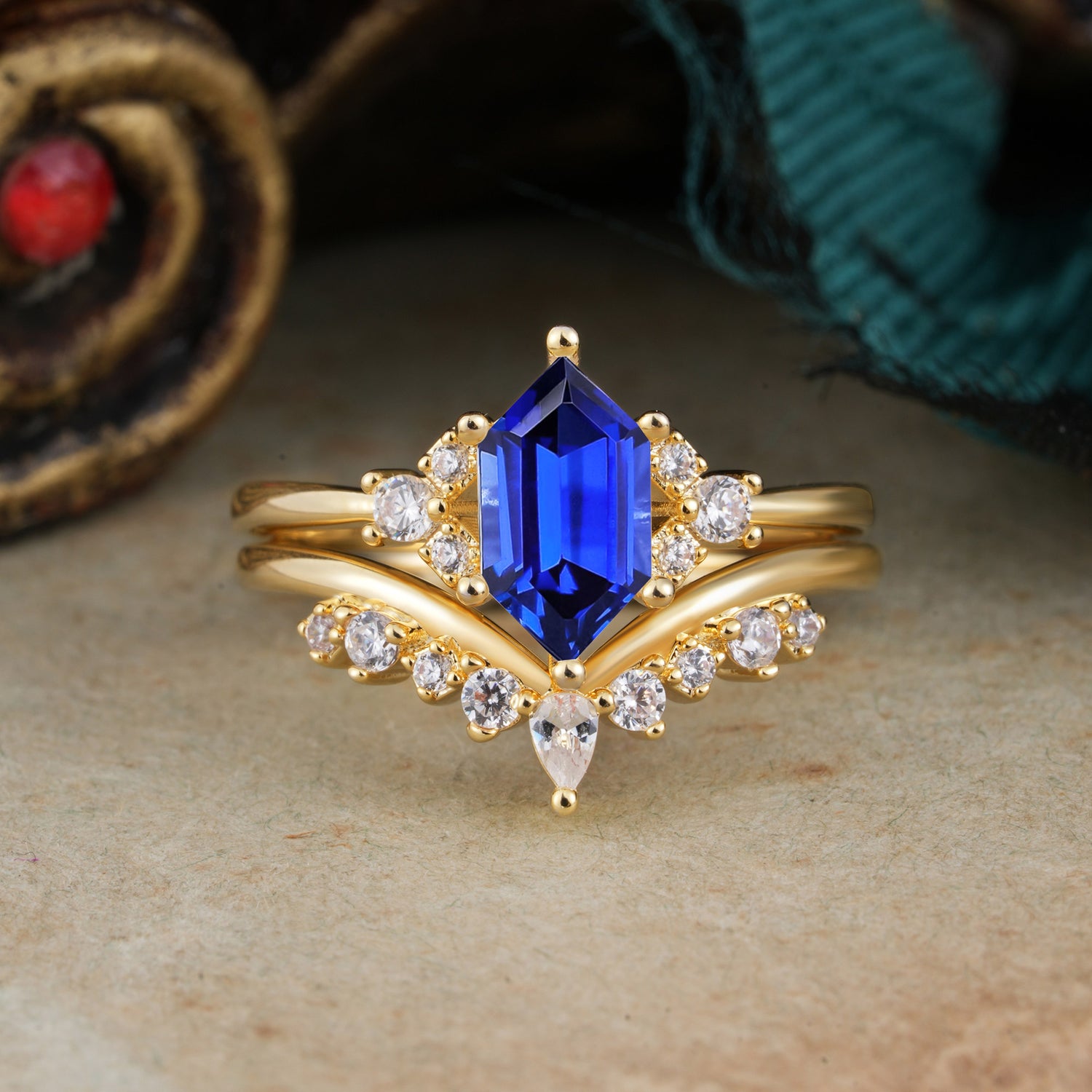 Luxury Vintage Classic 6-Prong Hexagonal-Cut Sapphire Bridal Ring Set