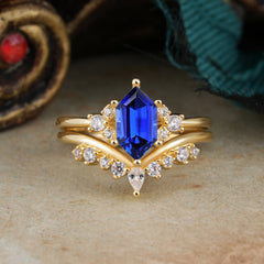 Luxury Vintage Classic 6-Prong Hexagonal-Cut Sapphire Engagement Ring Set