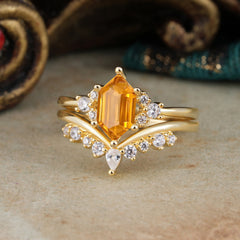 Luxury Vintage Classic 6-Prong Hexagonal-Cut Citrine Engagement Ring Set