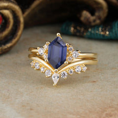 Luxury Vintage Classic 6-Prong Hexagonal-Cut Tanzanite Engagement Ring Set