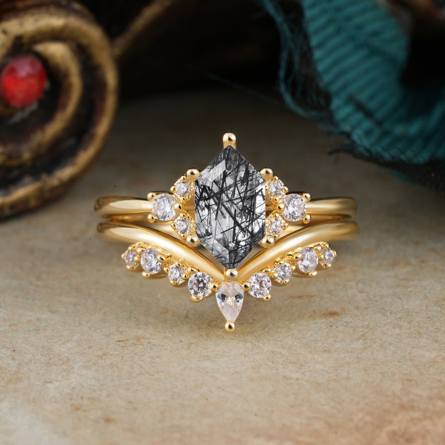 Luxury Vintage Classic 6-Prong Hexagonal-Cut Black Rutilated Quartz Bridal Ring Set