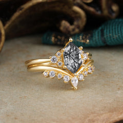 Luxury Vintage Classic 6-Prong Hexagonal-Cut Black Rutilated Quartz Engagement Ring Set