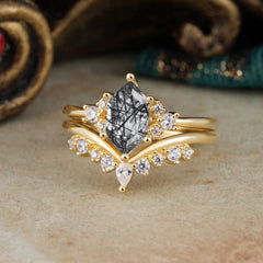 Luxury Vintage Classic 6-Prong Hexagonal-Cut Black Rutilated Quartz Engagement Ring Set