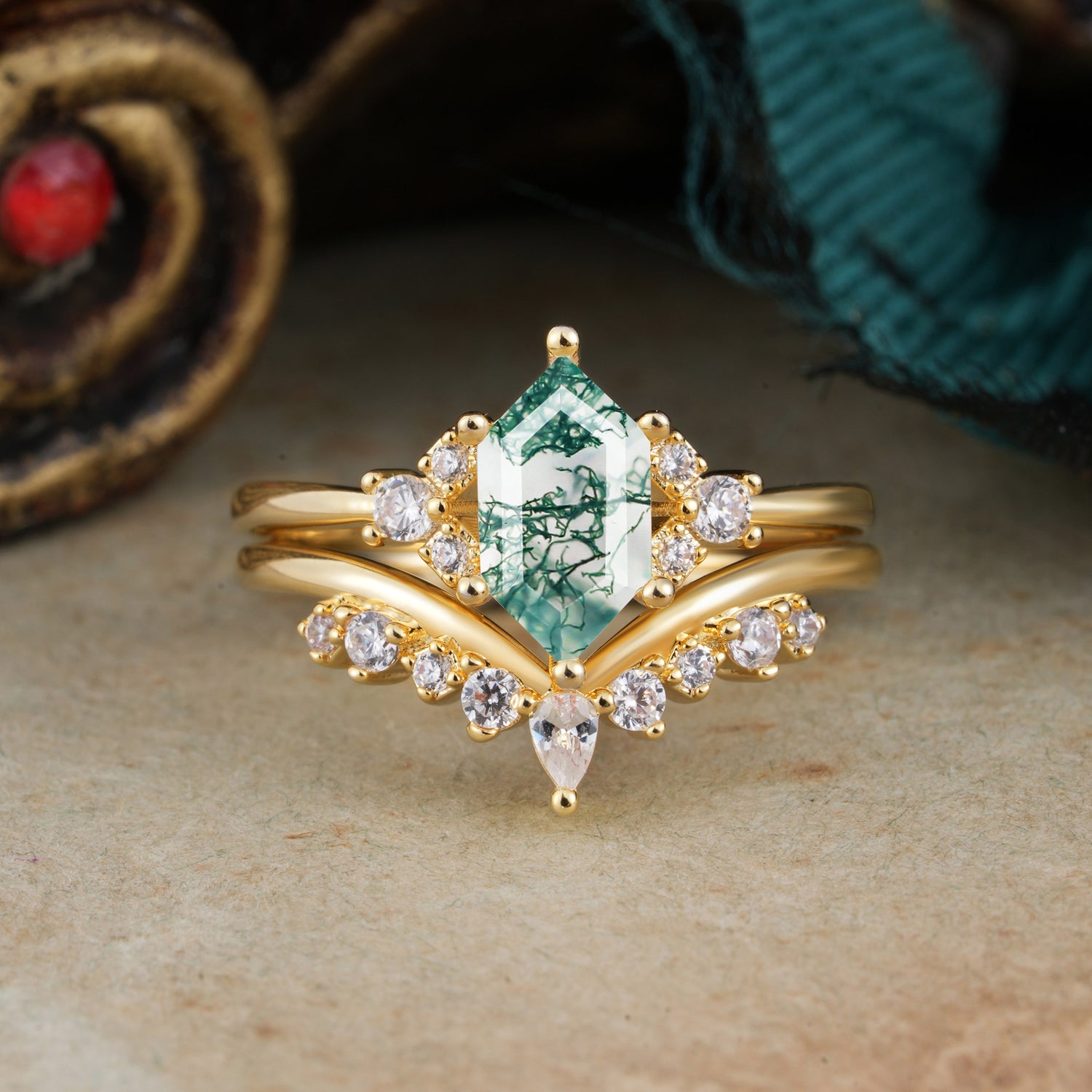 Luxury Vintage Classic 6-Prong Hexagonal-Cut Moss Agate Bridal Ring Set