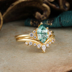Luxury Vintage Classic 6-Prong Hexagonal-Cut Moss Agate Engagement Ring Set