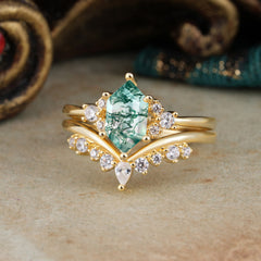 Luxury Vintage Classic 6-Prong Hexagonal-Cut Moss Agate Engagement Ring Set
