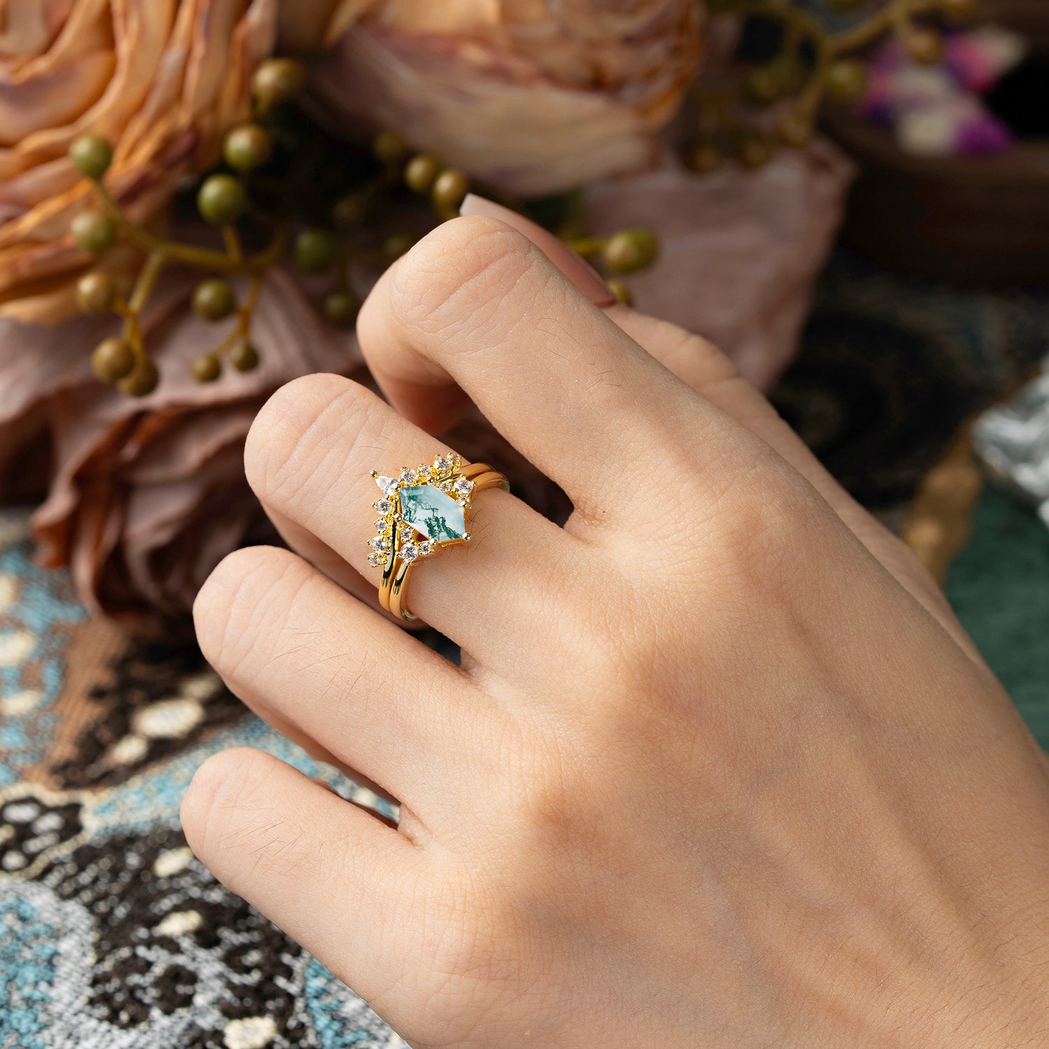 Luxury Vintage Classic 6-Prong Hexagonal-Cut Moss Agate Bridal Ring Set