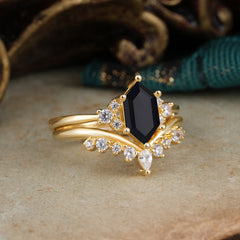 Luxury Vintage Classic 6-Prong Hexagonal-Cut Black Onyx Engagement Ring Set