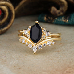 Luxury Vintage Classic 6-Prong Hexagonal-Cut Black Onyx Engagement Ring Set