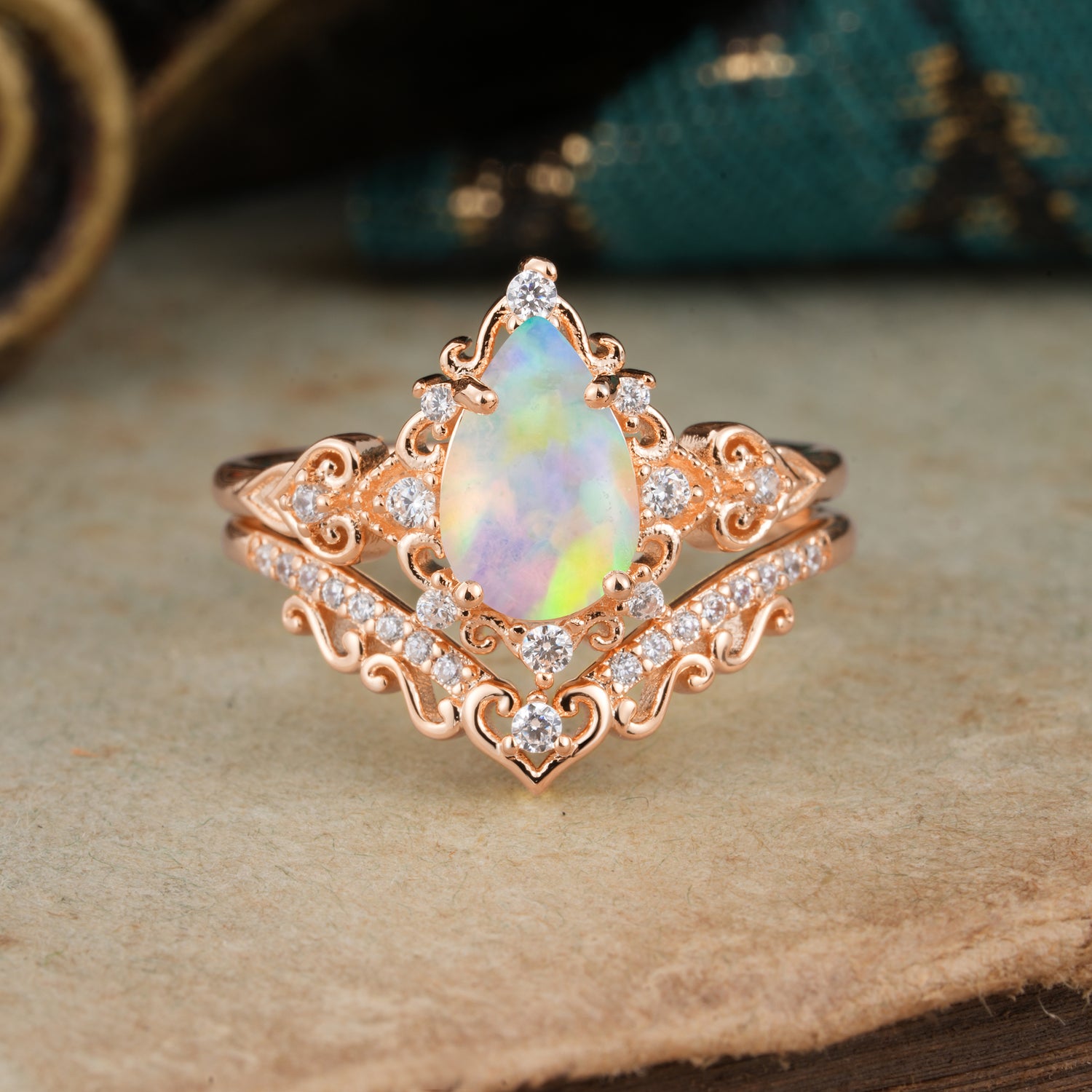 Luxury 4 Prong Pear Cut Opal Bridal Ring Set