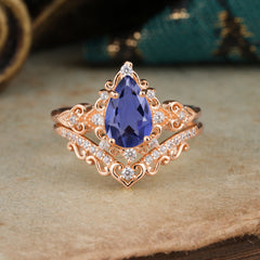 Luxury 4 Prong Pear Cut Tanzanite Stackable Ring Set