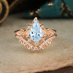 Luxury 4 Prong Pear Cut Aquamarine Stackable Ring Set