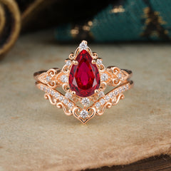 Luxury 4 Prong Pear Cut Ruby Stackable Ring Set