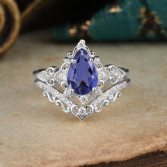 Luxury 4 Prong Pear Cut Tanzanite Stackable Ring Set