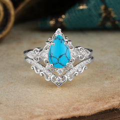 Luxury 4 Prong Pear Cut Turquoise Stackable Ring Set