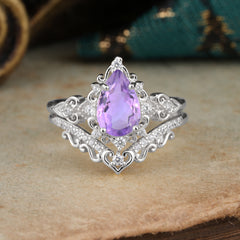 Luxury 4 Prong Pear Cut Amethyst Stackable Ring Set