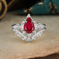 Luxury 4 Prong Pear Cut Ruby Stackable Ring Set