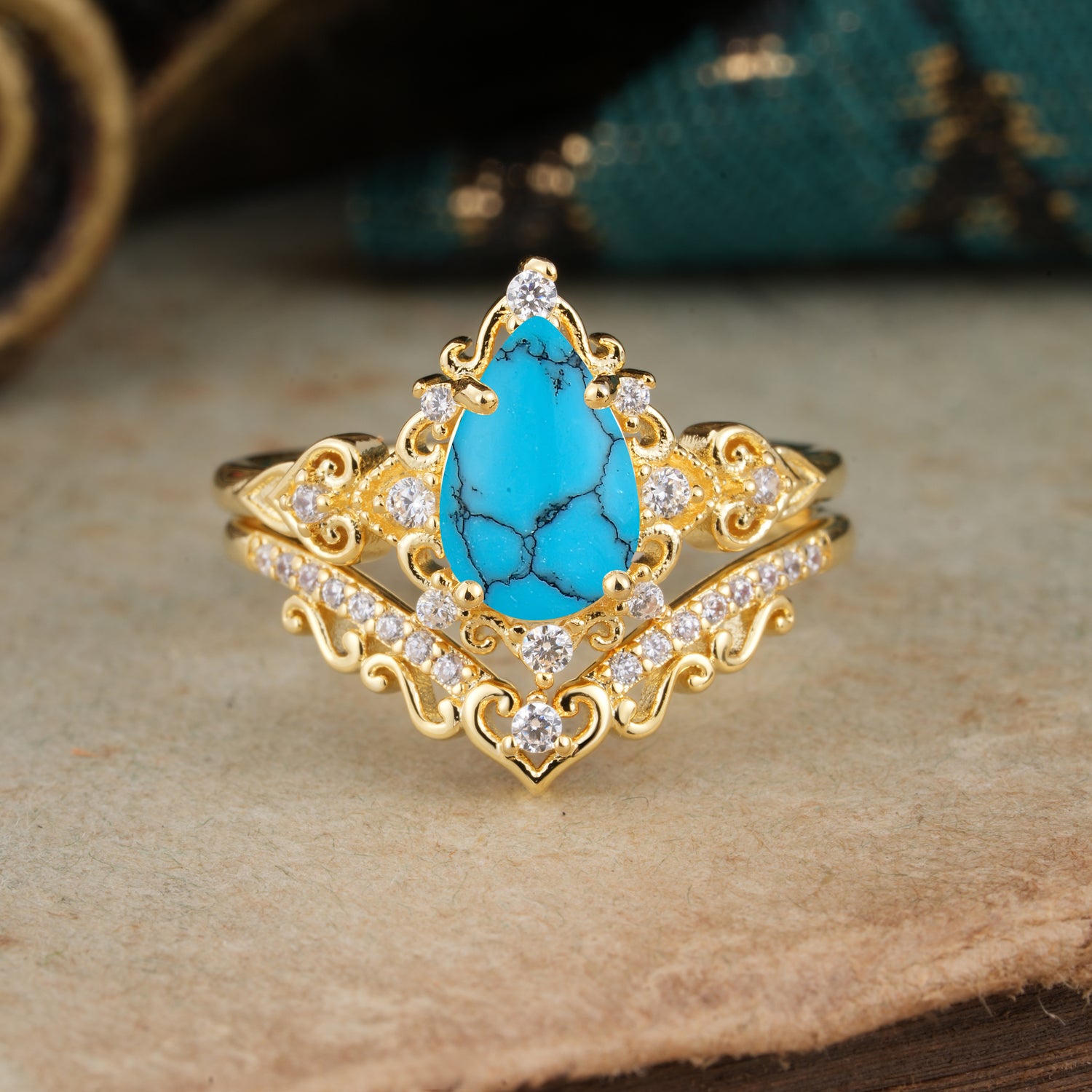 Luxury 4 Prong Pear Cut Turquoise Bridal Ring Set