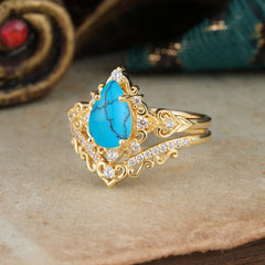 Luxury 4 Prong Pear Cut Turquoise Stackable Ring Set