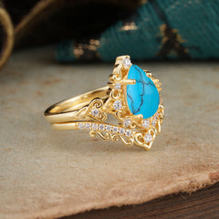 Luxury 4 Prong Pear Cut Turquoise Stackable Ring Set
