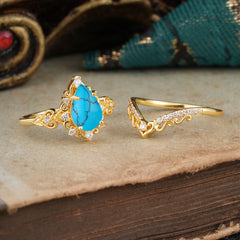 Luxury 4 Prong Pear Cut Turquoise Stackable Ring Set