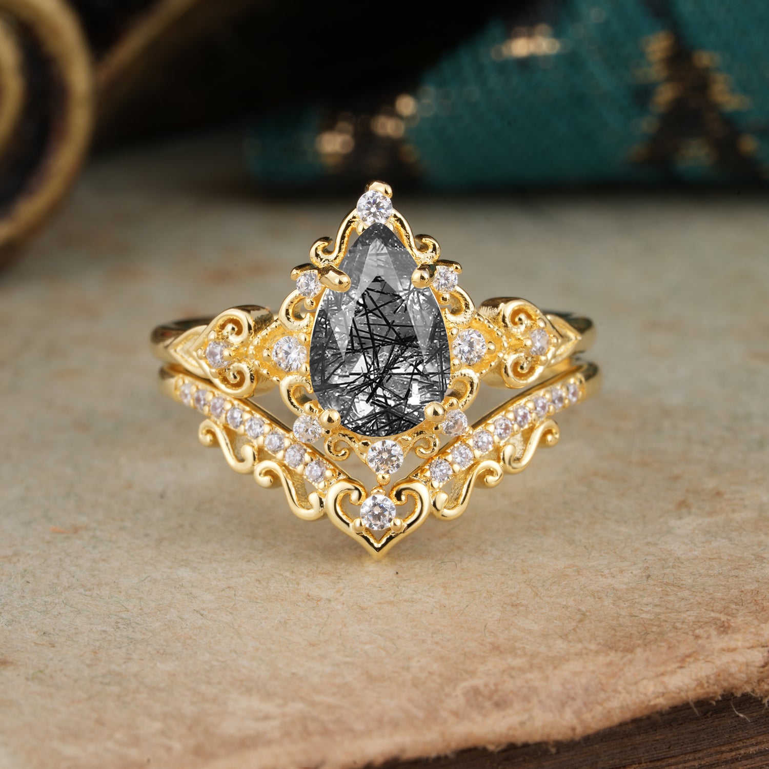 Luxury 4 Prong Pear Cut Black Rutilated Quartz Bridal Ring Set