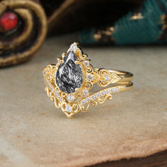 Luxury 4 Prong Pear Cut Black Rutilated Quartz Stackable Ring Set