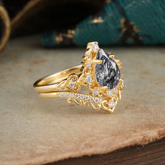 Luxury 4 Prong Pear Cut Black Rutilated Quartz Stackable Ring Set