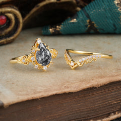 Luxury 4 Prong Pear Cut Black Rutilated Quartz Stackable Ring Set