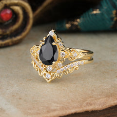 Luxury 4 Prong Pear Cut Black Onyx Stackable Ring Set