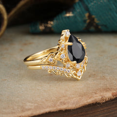 Luxury 4 Prong Pear Cut Black Onyx Stackable Ring Set
