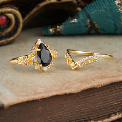 Luxury 4 Prong Pear Cut Black Onyx Stackable Ring Set