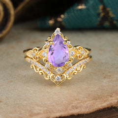 Luxury 4 Prong Pear Cut Amethyst Stackable Ring Set