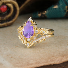 Luxury 4 Prong Pear Cut Amethyst Stackable Ring Set