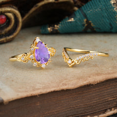 Luxury 4 Prong Pear Cut Amethyst Stackable Ring Set