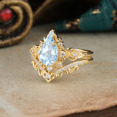 Luxury 4 Prong Pear Cut Aquamarine Stackable Ring Set