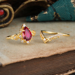 Luxury 4 Prong Pear Cut Ruby Stackable Ring Set