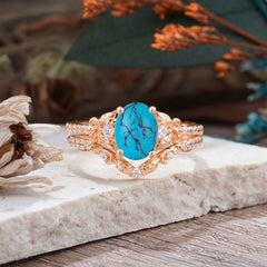 Naturally Inspired Luxury 4-Prong Oval Cut Turquoise Stacking Ring Set