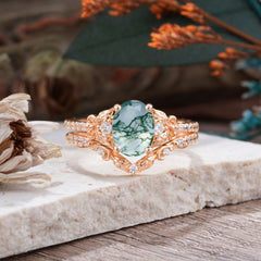 Naturally Inspired Luxury 4-Prong Oval Cut Natural Moss Agate Stacking Ring