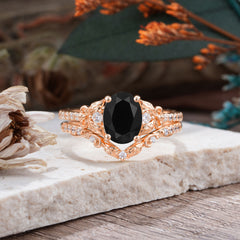 Naturally Inspired Luxury 4-Prong Oval Cut Black Onyx Stacking Ring Set