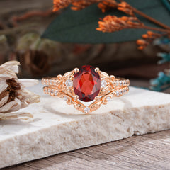 Naturally Inspired Luxury 4-Prong Oval Cut Garnet Stacking Ring Set