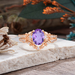 Naturally Inspired Luxury 4-Prong Oval Cut Amethyst Stacking Ring Set