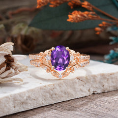 Naturally Inspired Luxury 4-Prong Oval Cut Amethyst Stacking Ring Set