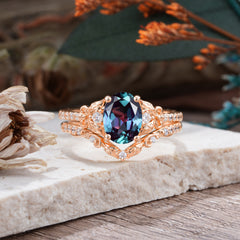 Naturally Inspired Luxury 4-Prong Oval Cut Alexandrite Stacking Ring Set