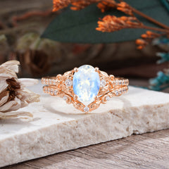 Naturally Inspired Luxury 4-Prong Oval Cut Moonstone Stacking Ring Set