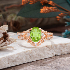 Naturally Inspired Luxury 4-Prong Oval Cut Peridot Stacking Ring Set