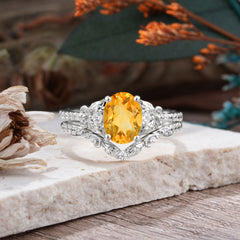 Naturally Inspired Luxury 4-Prong Oval Cut Citrine Stacking Ring Set