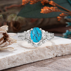 Naturally Inspired Luxury 4-Prong Oval Cut Turquoise Stacking Ring Set